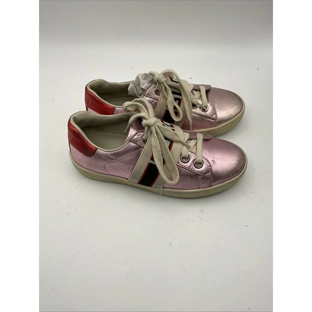 Gucci Ace Kids Pink Metallic Leather Sneakers Web Stripe EU 28 Italy